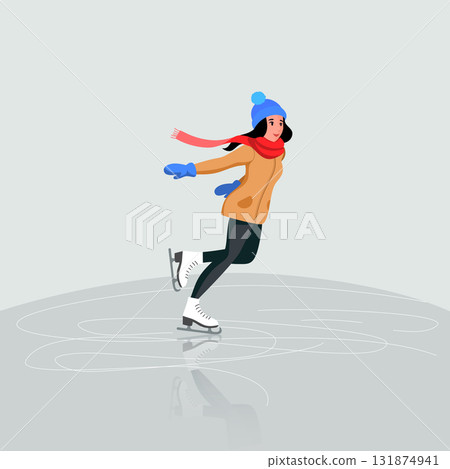Vector illustration of a young girl elegantly ice skating on a frozen surface, showcasing grace and fluid movement with a smooth, artistic style 131874941