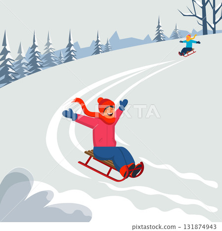 Vector illustration of girls joyfully sledding down a snowy mountain slope, enjoying the thrill and fun of the winter activity 131874943