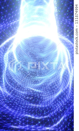 Abstract glowing blue vortex made of geometric mesh lines and bright light spirals forming a digital tunnel effect Abstract glowing blue vortex made of geometric mesh lines and bright light spirals forming a digital tunnel effect 131874994