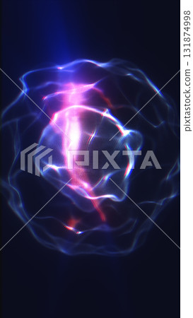 A mysterious, glowing sphere filled with energy waves in purple and blue hues. The glowing surface and ethereal light effects suggest a digital or futuristic design 131874998