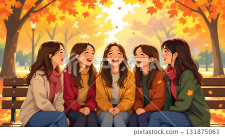 Group of Teen Girls Laughing Together on a Park Bench in Autumn Group of Teen Girls Laughing Together on a Park Bench in Autumn 131875061