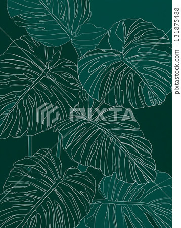 White line art outlines of monstera leaves cascade down a deep, solid green background, creating a minimalist tropical design. 131875488