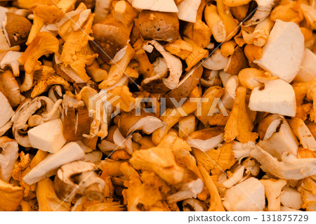 Fresh mushrooms including chanterelles and porcini arranged in a pile, symbolizing forest harvest 131875729