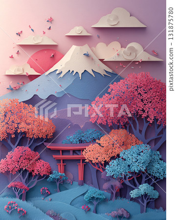 A stunning paper-cut style landscape of Mount Fuji and a Torii gate, surrounded by pink cherry blossoms under a vibrant sky, showcasing layered Japanese scenery. 131875780