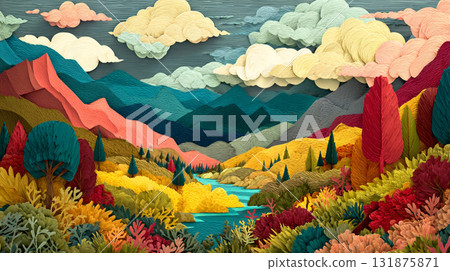 A stunning paper-cut style landscape illustrating layered mountains, a river, and colorful trees under cloudy skies, showcasing a vibrant and textured scene. A stunning paper-cut style landscape illustrating layered mountains, a river, and colorful trees under cloudy skies, showcasing a vibrant and textured scene. 131875871
