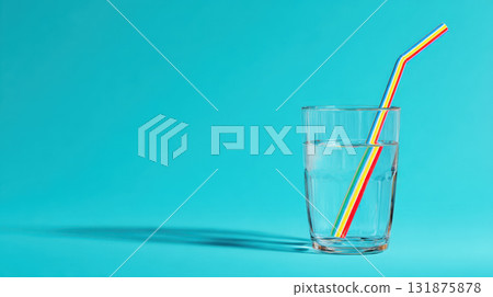 Glass water colorful straw eco friendly clear blue refreshment hydration minimal 131875878