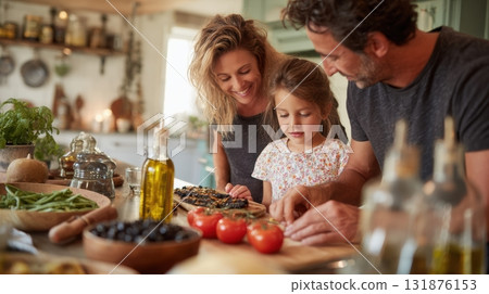 A Family Enjoys Cooking Together with Fresh, Colorful Vegetables in a Warm and Inviting Homely Kitchen Space 131876153