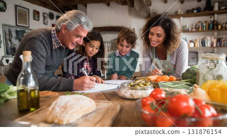 A Family Enjoys Cooking Together with Fresh, Colorful Vegetables in a Warm and Inviting Homely Kitchen Space 131876154