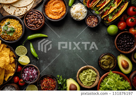 A vibrant overhead flat lay of Mexican and Southwestern dips and ingredients, including salsa, guacamole, black beans, and tortilla chips on a turquoise wooden surface. 131876197
