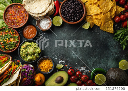 A vibrant overhead flat lay of Mexican and Southwestern dips and ingredients, including salsa, guacamole, black beans, and tortilla chips on a turquoise wooden surface. 131876200