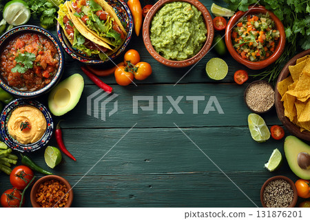 A vibrant overhead flat lay of Mexican and Southwestern dips and ingredients, including salsa, guacamole, black beans, and tortilla chips on a turquoise wooden surface. 131876201
