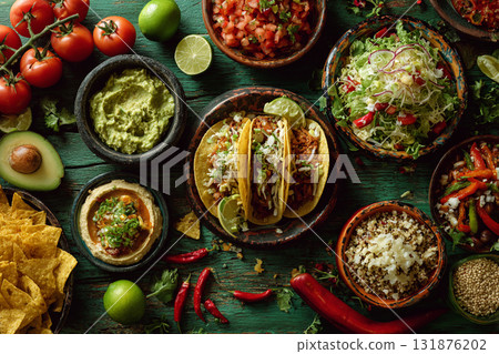 A vibrant overhead flat lay of Mexican and Southwestern dips and ingredients, including salsa, guacamole, black beans, and tortilla chips on a turquoise wooden surface. 131876202