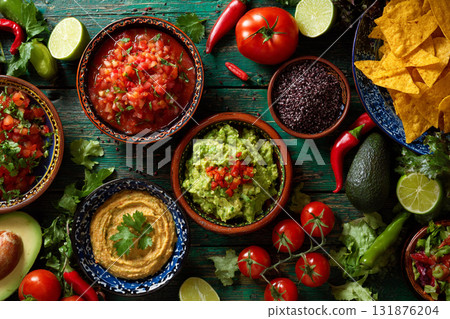 A vibrant overhead flat lay of Mexican and Southwestern dips and ingredients, including salsa, guacamole, black beans, and tortilla chips on a turquoise wooden surface. 131876204