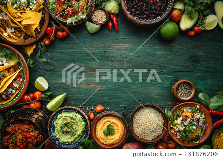 A vibrant overhead flat lay of Mexican and Southwestern dips and ingredients, including salsa, guacamole, black beans, and tortilla chips on a turquoise wooden surface. A vibrant overhead flat lay of Mexican and Southwestern dips and ingredients, including salsa, guacamole, black beans, and tortilla chips on a turquoise wooden surface. 131876206