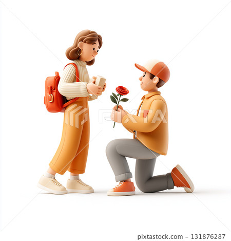 A 3D-style illustration of a man kneeling and offering a gift to a woman, representing romance or a proposal. 131876287