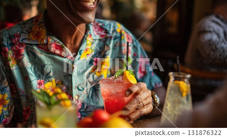 Joyful Night Out A Man Delightfully Enjoying Tropical Cocktails with Friends in a Vibrant Bar Environment Joyful Night Out A Man Delightfully Enjoying Tropical Cocktails with Friends in a Vibrant Bar Environment 131876322