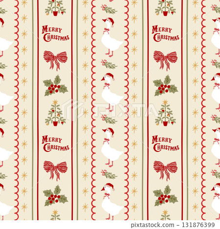 Vintage Christmas striped seamless pattern with goose, red bow, ribbons, fir tree. Vector retro winter holiday wallpaper 131876399