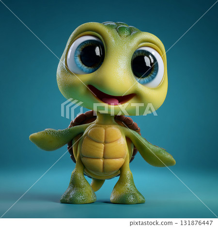 A close-up of an adorable, fuzzy, cartoon baby sea turtle with large, bright blue eyes and a friendly smile on a plain background. A close-up of an adorable, fuzzy, cartoon baby sea turtle with large, bright blue eyes and a friendly smile on a plain background. 131876447