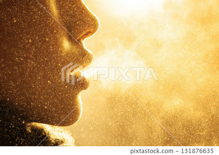 Warm golden sunlight illuminates close up of person exhaling visible breath in cold air, creating dreamy, atmospheric, and tranquil winter scene with glowing particles 131876635
