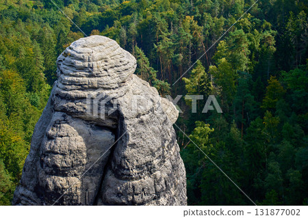 Sandstone rock formation above forest in Saxon Switzerland National Park 131877002
