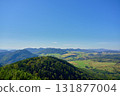 Scenic view of green valley and forested hills under clear summer sky 131877004