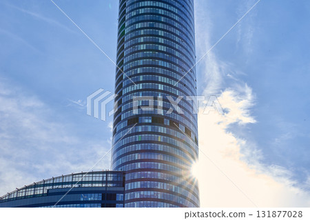 Glass skyscraper Sky Tower against blue sky in Wroclaw Poland 131877028