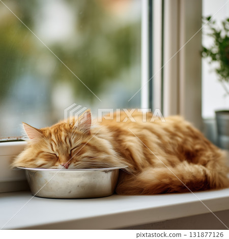 Ginger cat sleeping in stainless steel bowl on windowsill cozy nap domestic pet relaxed feline 131877126