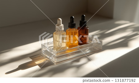 Clear glass tray holding three dropper bottles of skincare oil in warm sunlight with soft shadow and minimalist background, calm natural light and clean aesthetic Clear glass tray holding three dropper bottles of skincare oil in warm sunlight with soft shadow and minimalist background, calm natural light and clean aesthetic 131877192