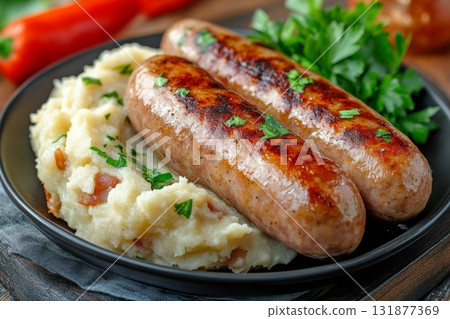 Grilled Sausages, creamy mashed potatoes and fresh parsley. Savory fried sausages and garnish, lunch or dinner. Bratwurst Barbecue. Meat product. Catering. Traditional British dishes, bangers and mash 131877369