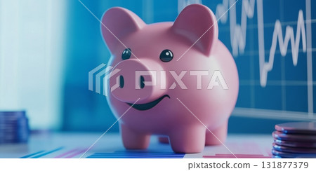 Piggy Bank is on a Financial Chart background, symbolizing savings management. Cheerful pink piggy bank on a blue economy diagram, growing graph. Wealth, profit, investment concept. Save money idea 131877379