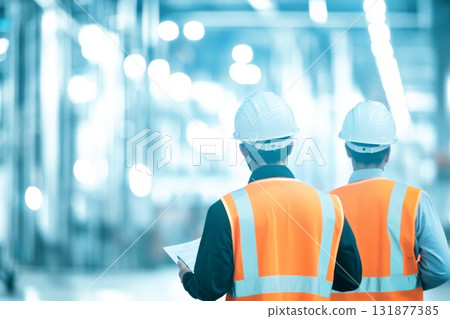 Two workers talking in metal fabrication plant. Engineers observing the various operations in a factory. Professionals assess a modern industrial work environment. Productivity Improvement of Industry 131877385
