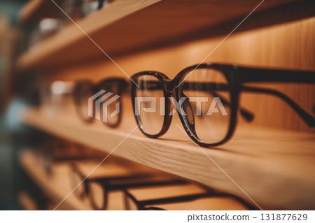 Eyeglasses showcase. Trendy glasses of different design. Minimalism. Eyewear and spectacles sale. Optic shop. Fashion Accessories. Copy space for text. Optical store discount poster. Rims, Frames 131877629