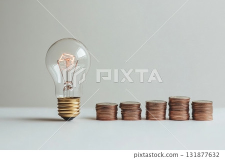 Counting and Calculate Cost Money of Electricity and Heating Bill. Electric Glowing Light Bulb and Stack of Coins on a Light Background. Increase in the Cost of Electricity. Price Hike. Energy Crisis 131877632