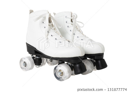 White quad roller skates with black wheels on white background 131877774