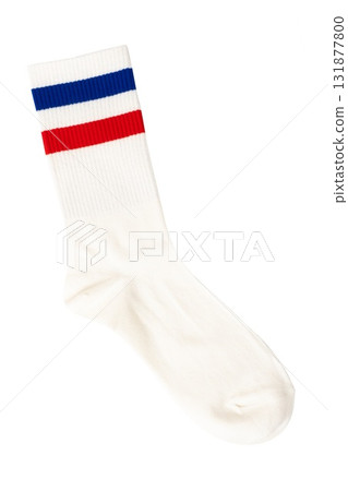 White athletic sock with red and blue stripes on black background 131877800