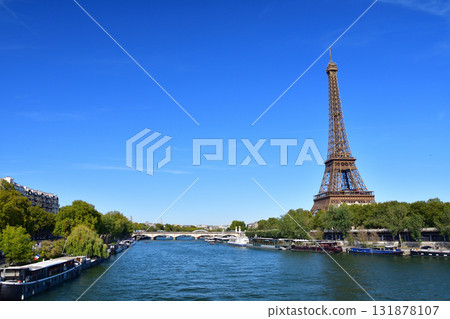 The Eiffel Tower and the Seine River in Paris, France, on a sunny summer day (photographed on August 24, 2025) 131878107