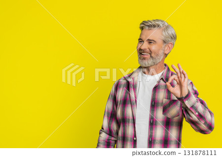 Happy Caucasian man showing ok gesture, like sign positive feedback, celebrate victory, approve idea 131878111