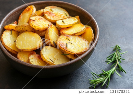 Potato. Roasted potatoes with rosemary and sea salt on dark gray concrete background. Golden oven baked baby potatoes with crispy seasoning in a modern ceramic bowl. Close up. Christmas dinner 131878231