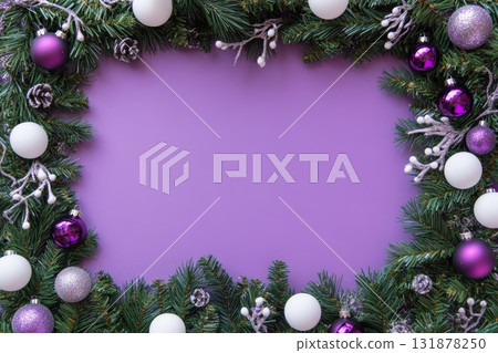 Frame made Christmas Ornaments, Empty White Copy Space for Text in the Center of Frame. Violet, Purple Glass Bauble. Christmas Tree branches Globes, Bubbles. Shiny Sparkle Balls, Xmas Branches, Items. Frame made Christmas Ornaments, Empty White Copy Space for Text in the Center of Frame. Violet, Purple Glass Bauble. Christmas Tree branches Globes, Bubbles. Shiny Sparkle Balls, Xmas Branches, Items. 131878250