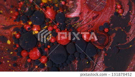 Bubble texture. Paint mix. Defocused red yellow purple colorful sparkling round acrylic glitter oil fluid circle on abstract art background. 131878452