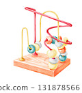 Wooden toy labyrinth for children. Watercolor illustration of a maze made of multicolored wire and beads on a white background. Perfect for children's cards, educational games, stickers, web pages 131878566