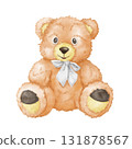 A teddy bear with a gray bow in a sitting position. Soft, fluffy toys for babies and children. Watercolor illustration on a white background. 131878567