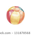 An inflatable beach ball for children. Multicolored watercolor illustration on a white background. Perfect for children's cards, educational games, stickers, web pages, and decor. 131878568