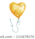 A golden helium foil heart-shaped balloon. Hand-drawn watercolor illustration on a white background. Party decoration. Perfect for wedding anniversaries, birthdays, children's cards, and stickers. 131878570
