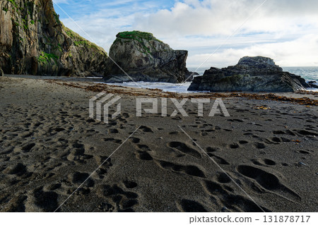 Footprints mark the black sand beach at Sheep Cove, Ireland. Waves crash around the rocky outcrops that are covered with green vegetation and brown seaweed. Footprints mark the black sand beach at Sheep Cove, Ireland. Waves crash around the rocky outcrops that are covered with green vegetation and brown seaweed. 131878717