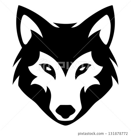 Bold simplified silhouette presents the intense gaze of a striking wolf head design Bold simplified silhouette presents the intense gaze of a striking wolf head design 131878772