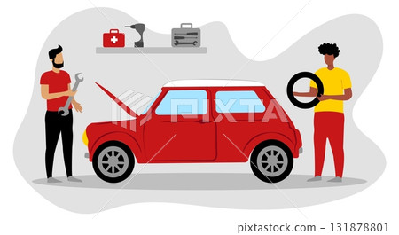 Two men are busy in a garage fixing a red car. One man is using a wrench while the other holds a spare tire, surrounded by tools and a first aid kit on the shelf Two men are busy in a garage fixing a red car. One man is using a wrench while the other holds a spare tire, surrounded by tools and a first aid kit on the shelf 131878801