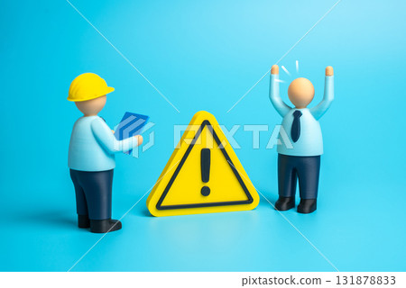An employee reports a serious incident or threat. Engineers and designers review the incident. Workplace safety, risk management, and industrial security audit 131878833