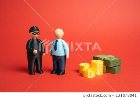 Criminals are trying to cheat a businessman out of money. Financial manipulation, business crime, and deceit. Fraud prevention, corporate security, economic integrity. Risk management and trust issues 131878841