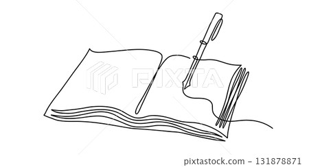 One Line Drawing of Fountain Pen on Open Notebook 131878871